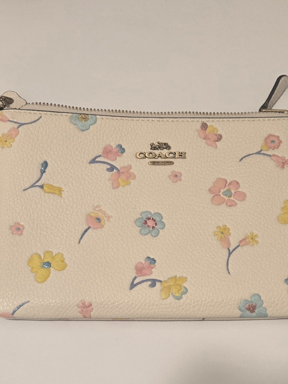 Coach Cream Floral Leather Wristlet with Pastel Accents